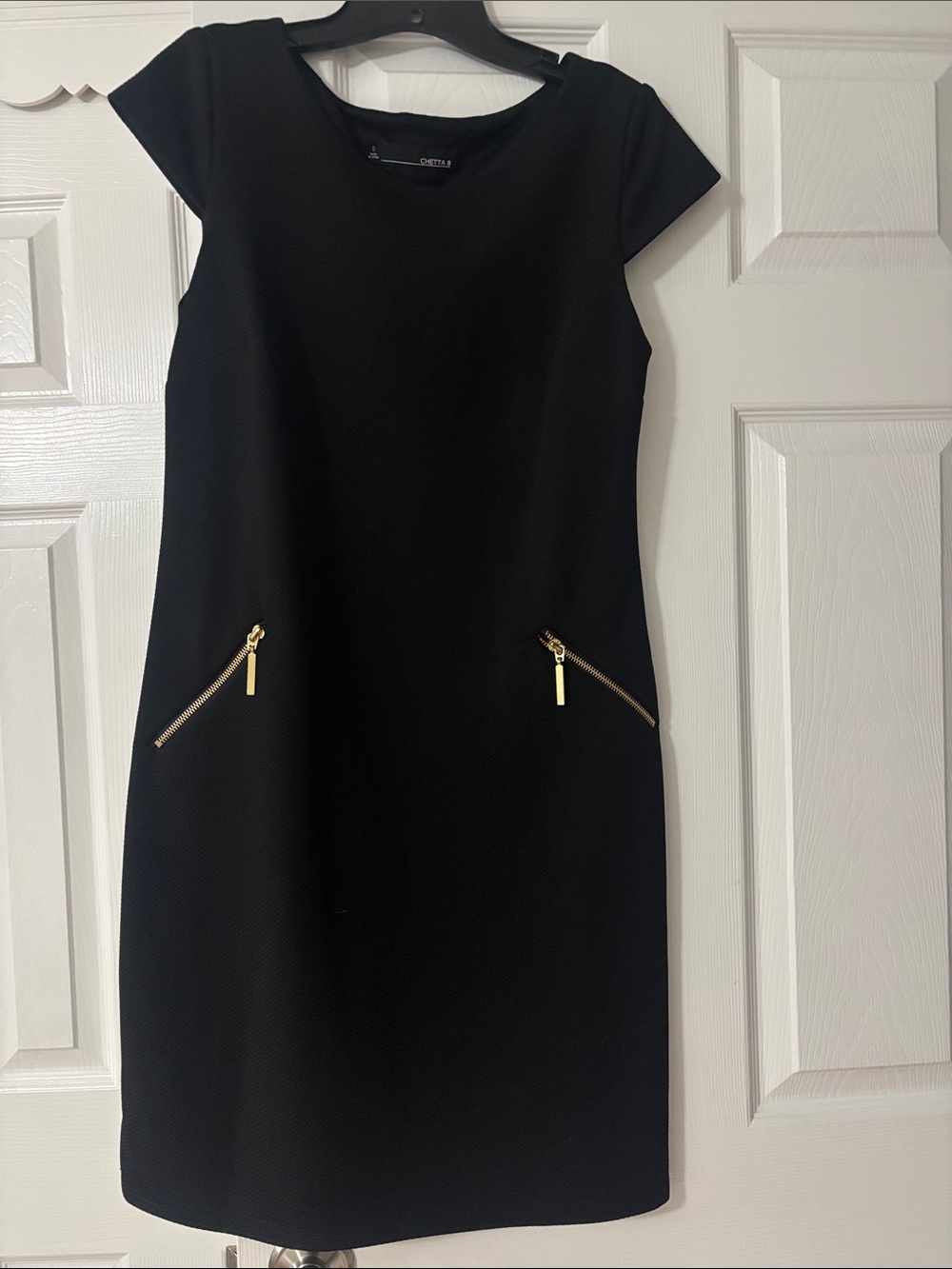 Chetta B Black Cap-Sleeve Sheath Dress with Gold Zipper Accents